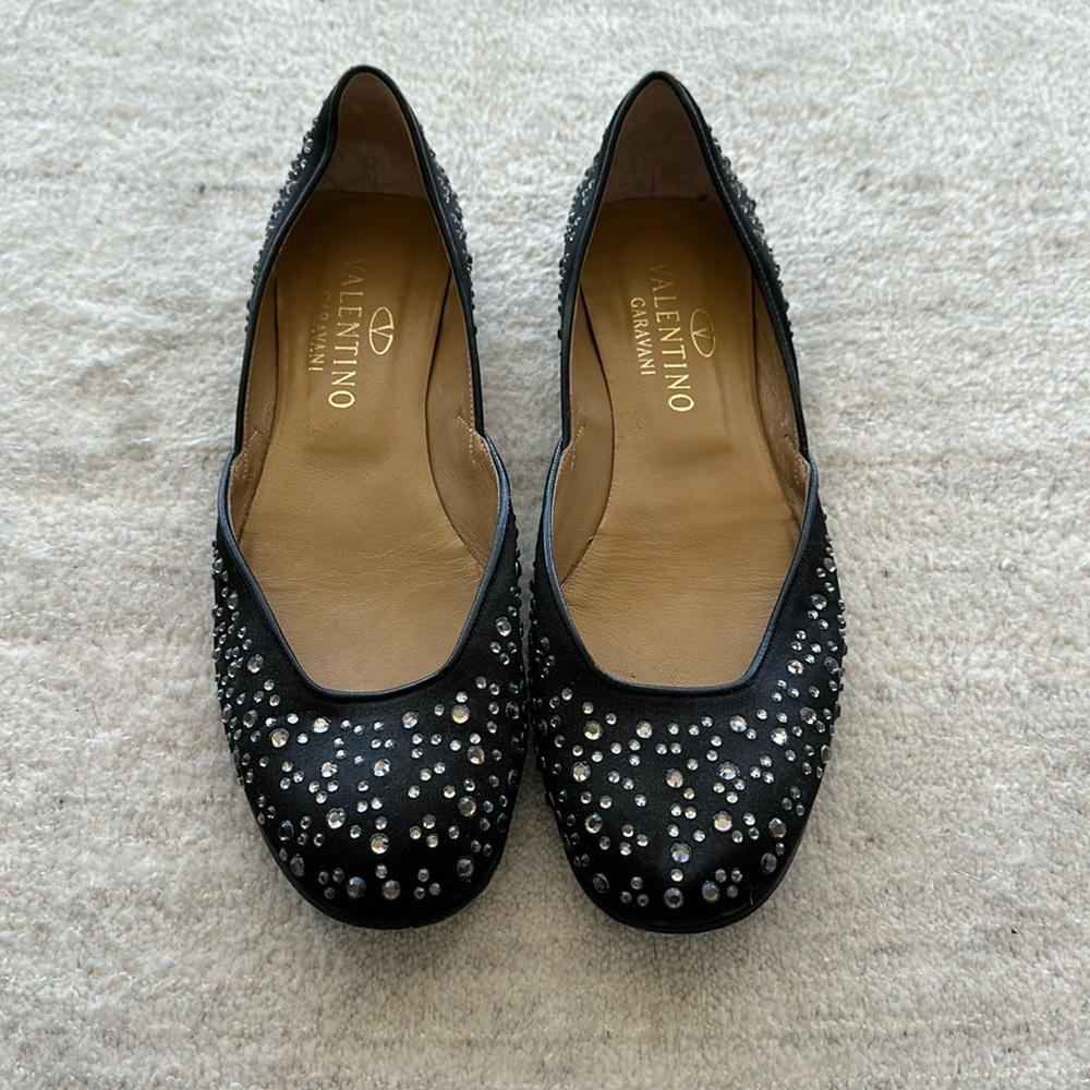 Valentino Garavani black satin flats with crystals. EUC, size 38.5 EU or 8 US